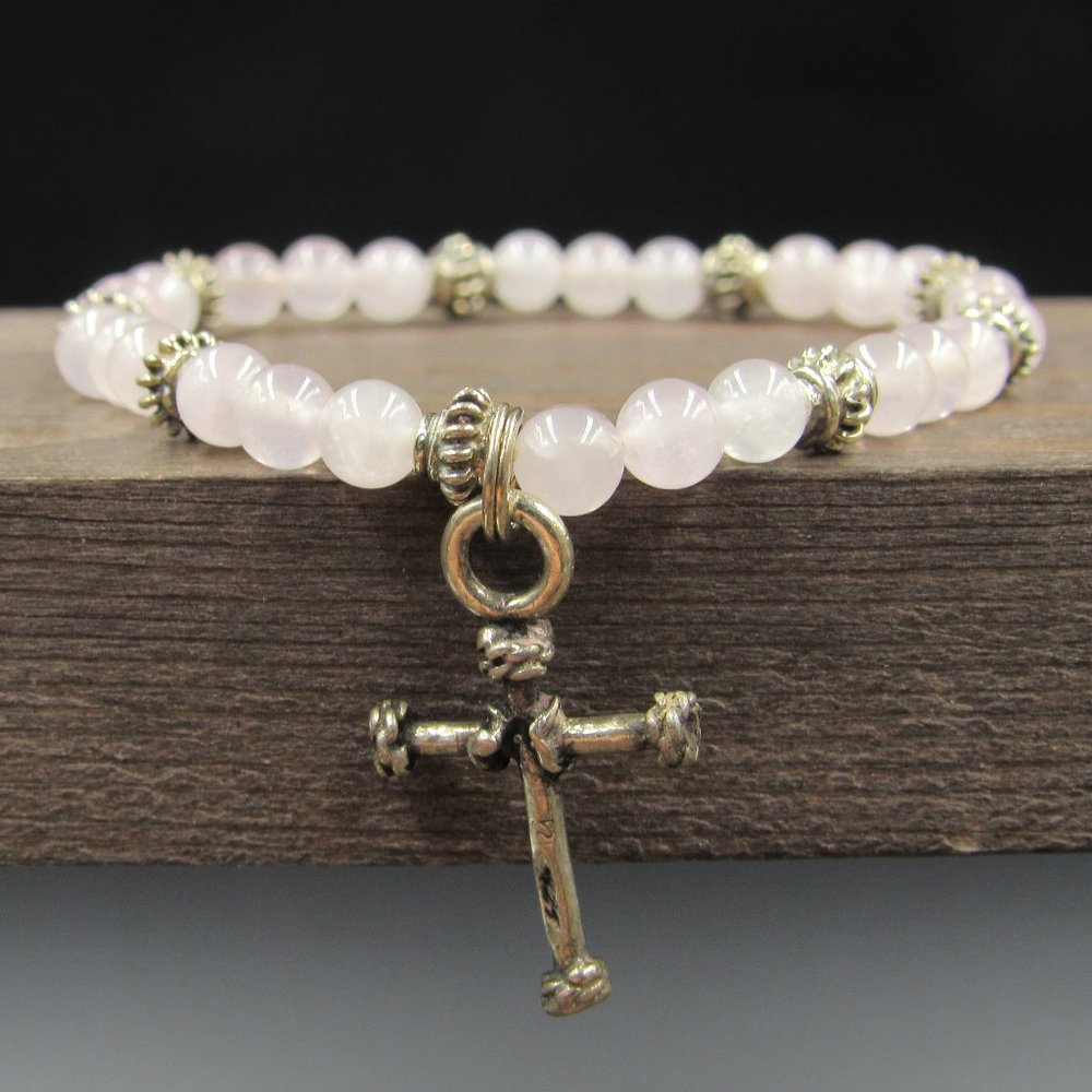 5.5" Sterling Silver Rose Quartz Cross Bracelet